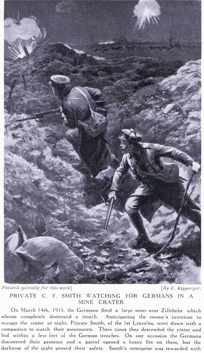 Private C F Smith beobachtet Deutsche in einem Minenkrater in Zillebeke im März 1915 von H. Ripperger